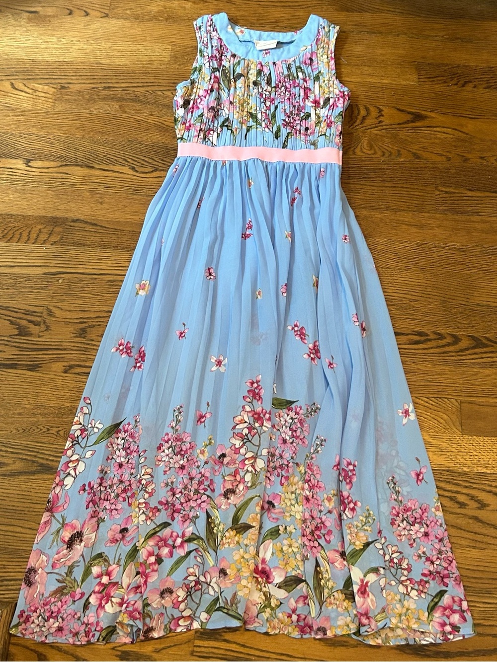 Rare Editions Blue Floral Chiffon Maxi Dress with Pink Waistband